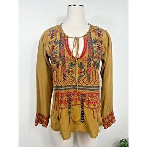 Johnny‎ Was Womens Brown 100% Silk Embroidered Top